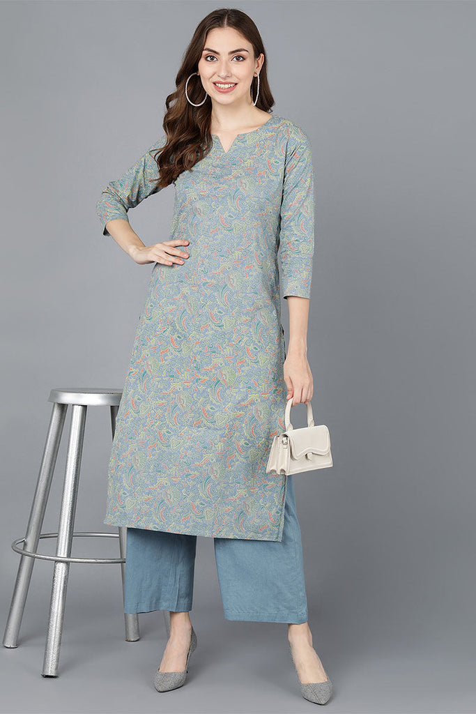  Women Blue Cotton Printed Kurta