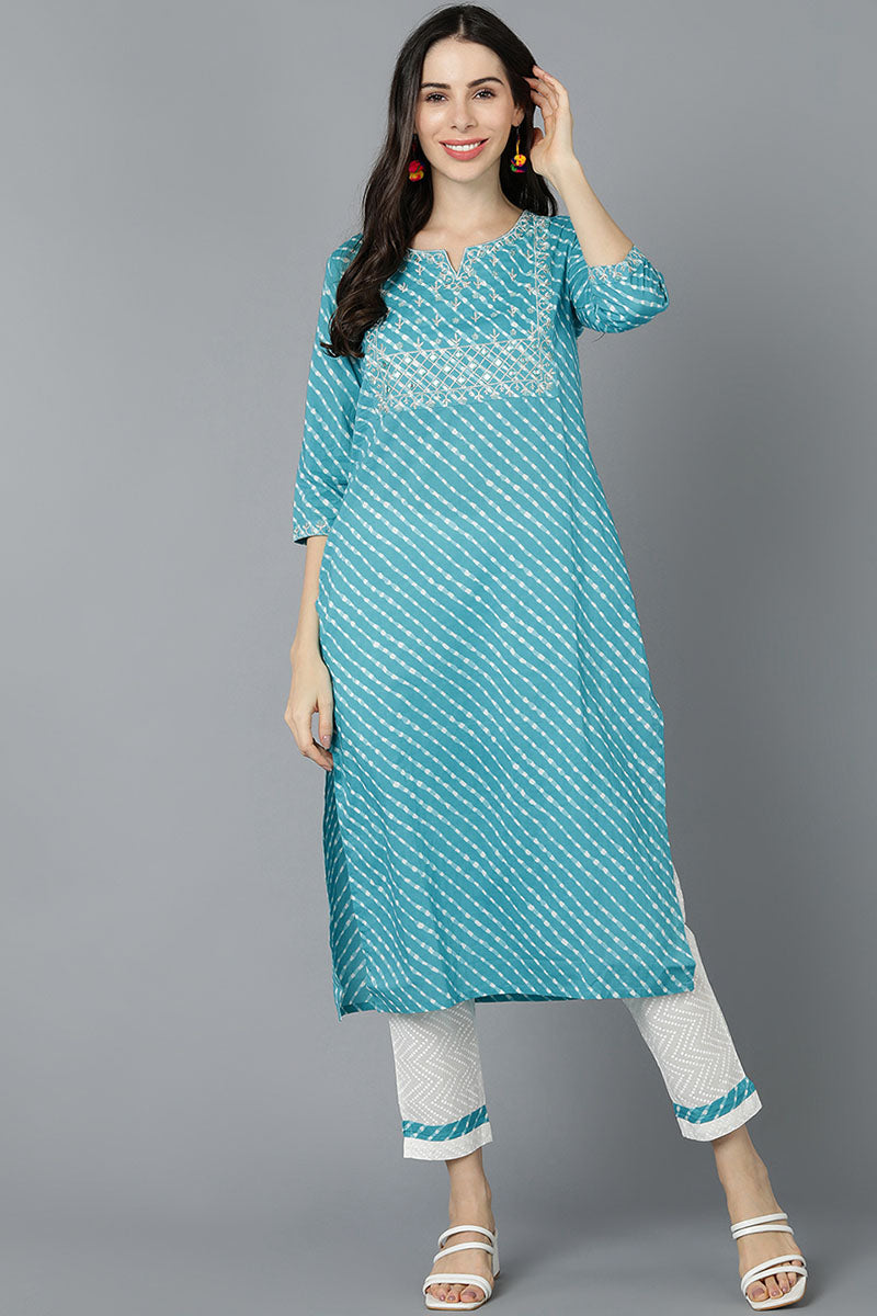 Turquoise blue Cotton Printed Kurta VCK8570