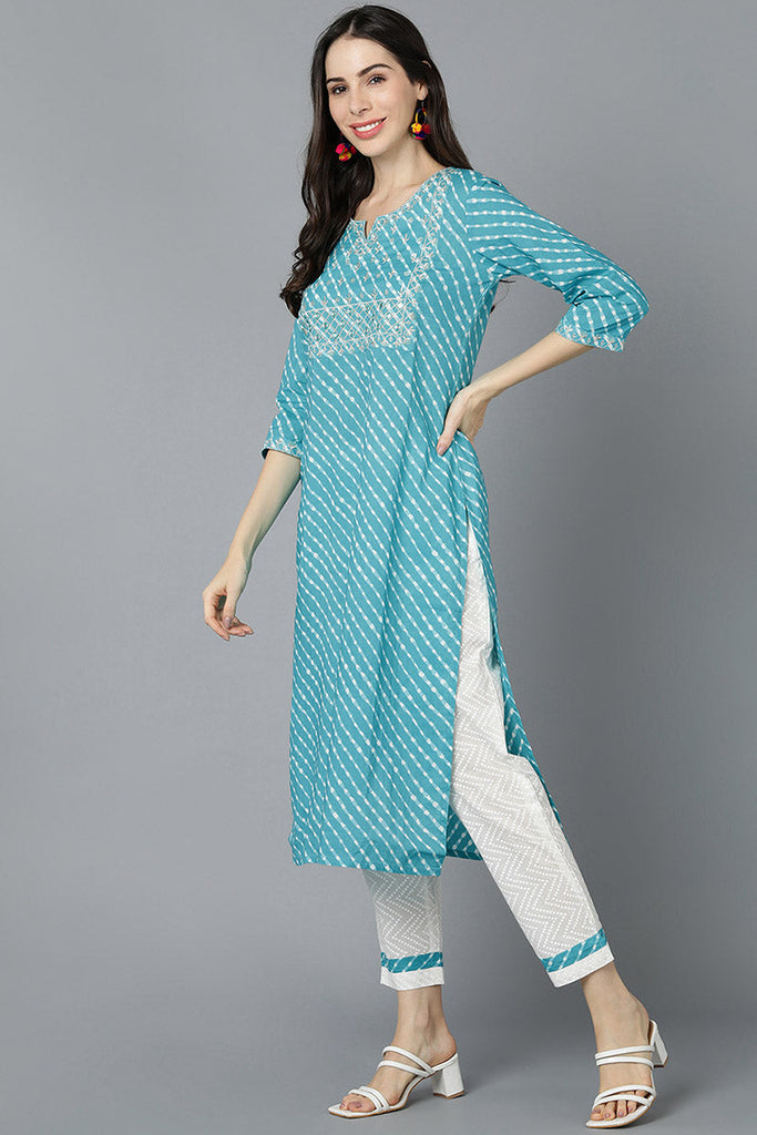 Turquoise blue Cotton Printed Kurta VCK8570