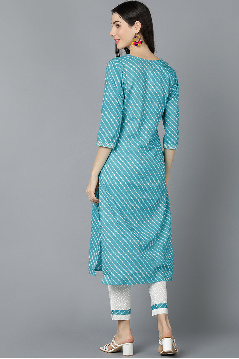 Turquoise blue Cotton Printed Kurta VCK8570