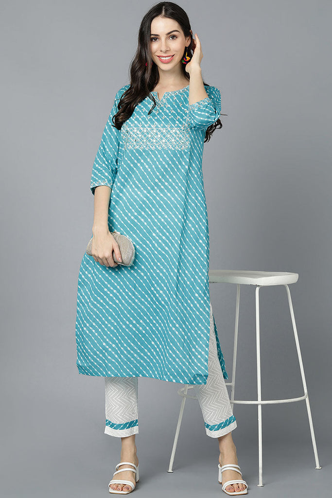 Turquoise blue Cotton Printed Kurta VCK8570