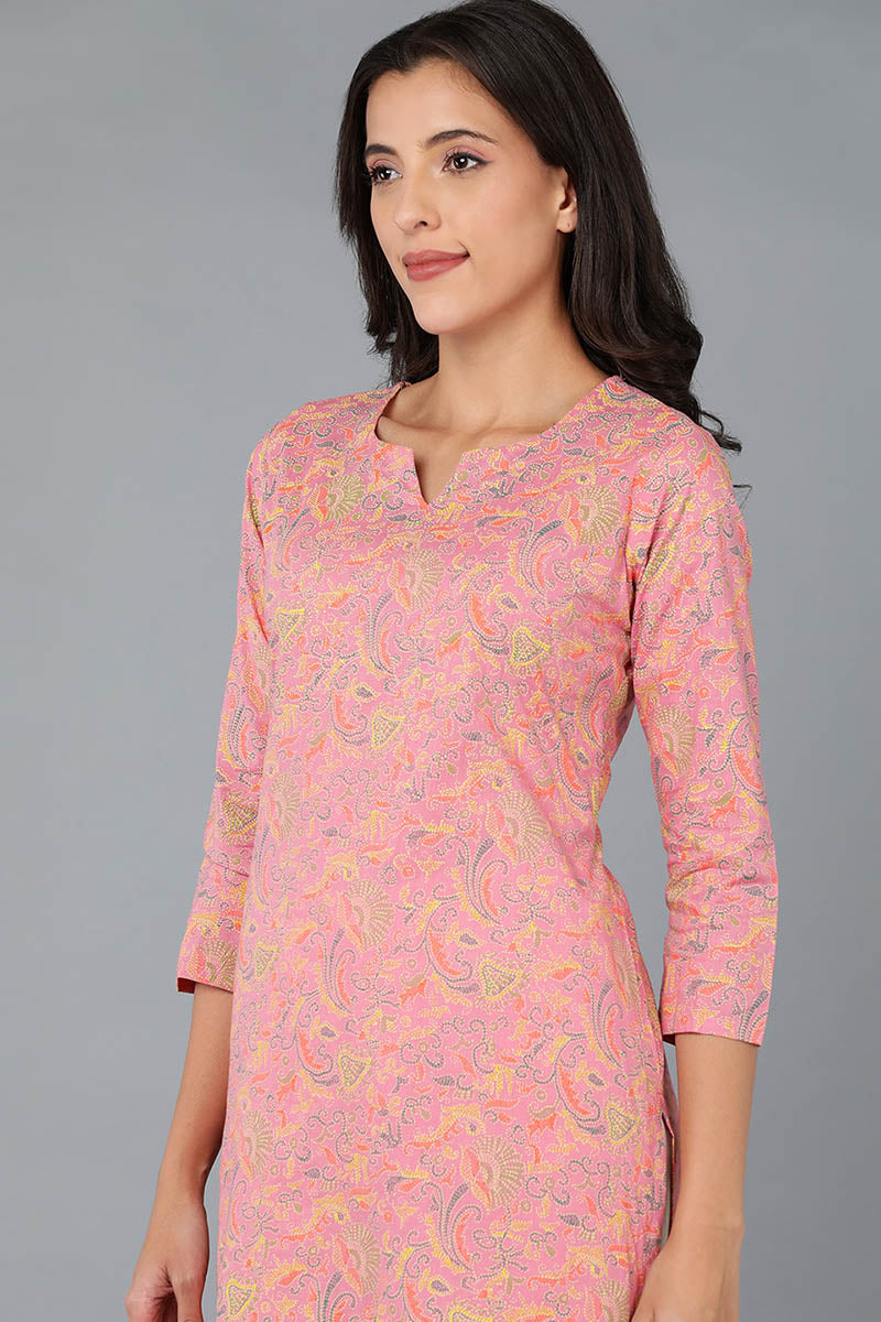 Pink Cotton Ethnic Motifs Printed Straight Kurta 