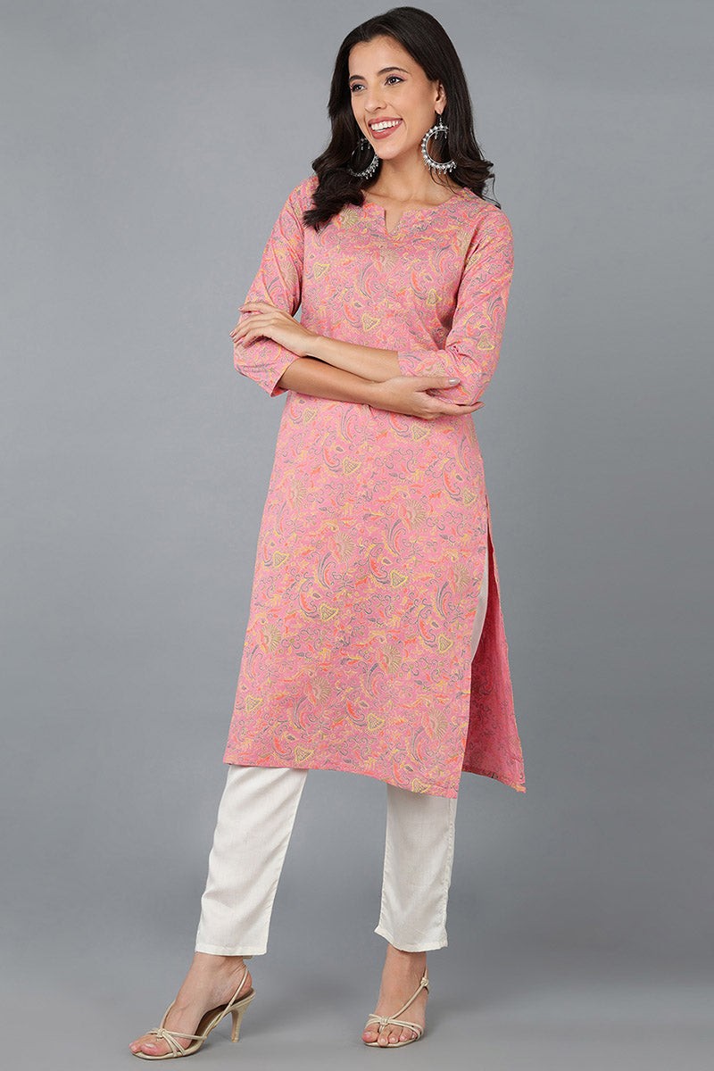 Pink Cotton Ethnic Motifs Printed Straight Kurta 