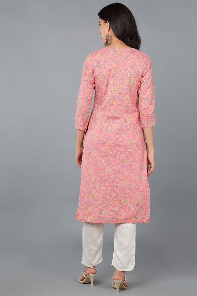 Pink Cotton Ethnic Motifs Printed Straight Kurta 