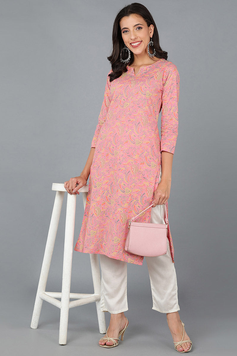 Pink Cotton Ethnic Motifs Printed Straight Kurta 