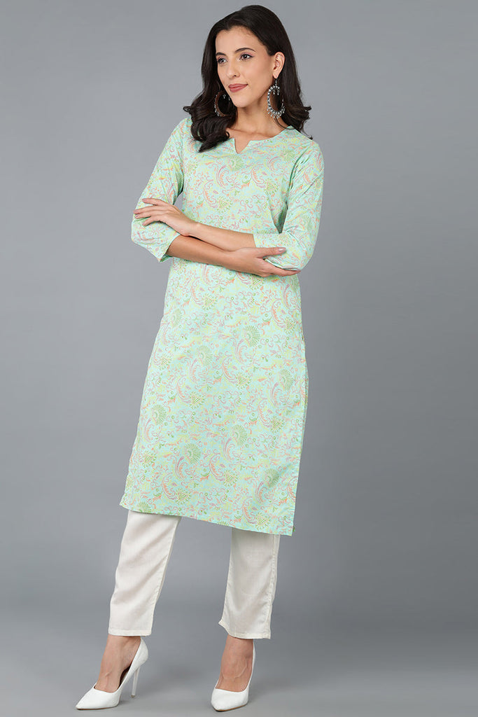 Turquoise Blue Cotton Printed Kurta VCK8580