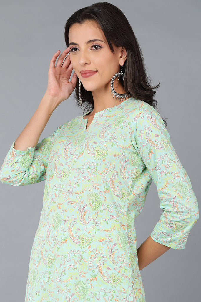 Turquoise Blue Cotton Printed Kurta VCK8580