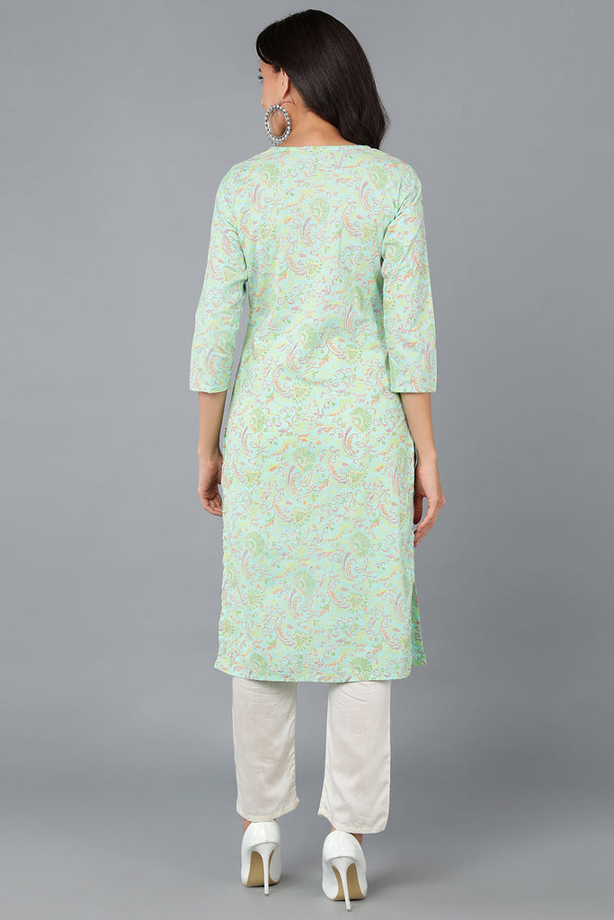 Turquoise Blue Cotton Printed Kurta VCK8580