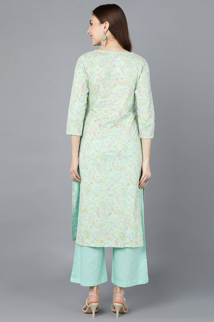 Turquoise Blue Cotton Printed Kurta VCK8580