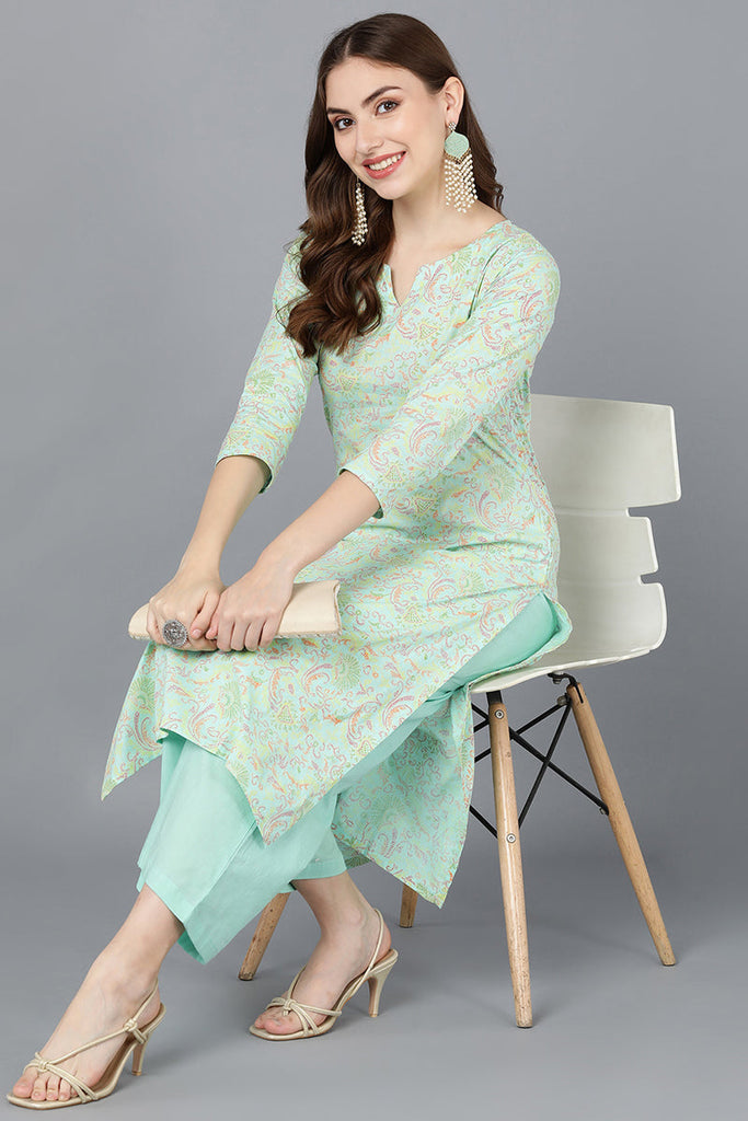 Turquoise Blue Cotton Printed Kurta VCK8580