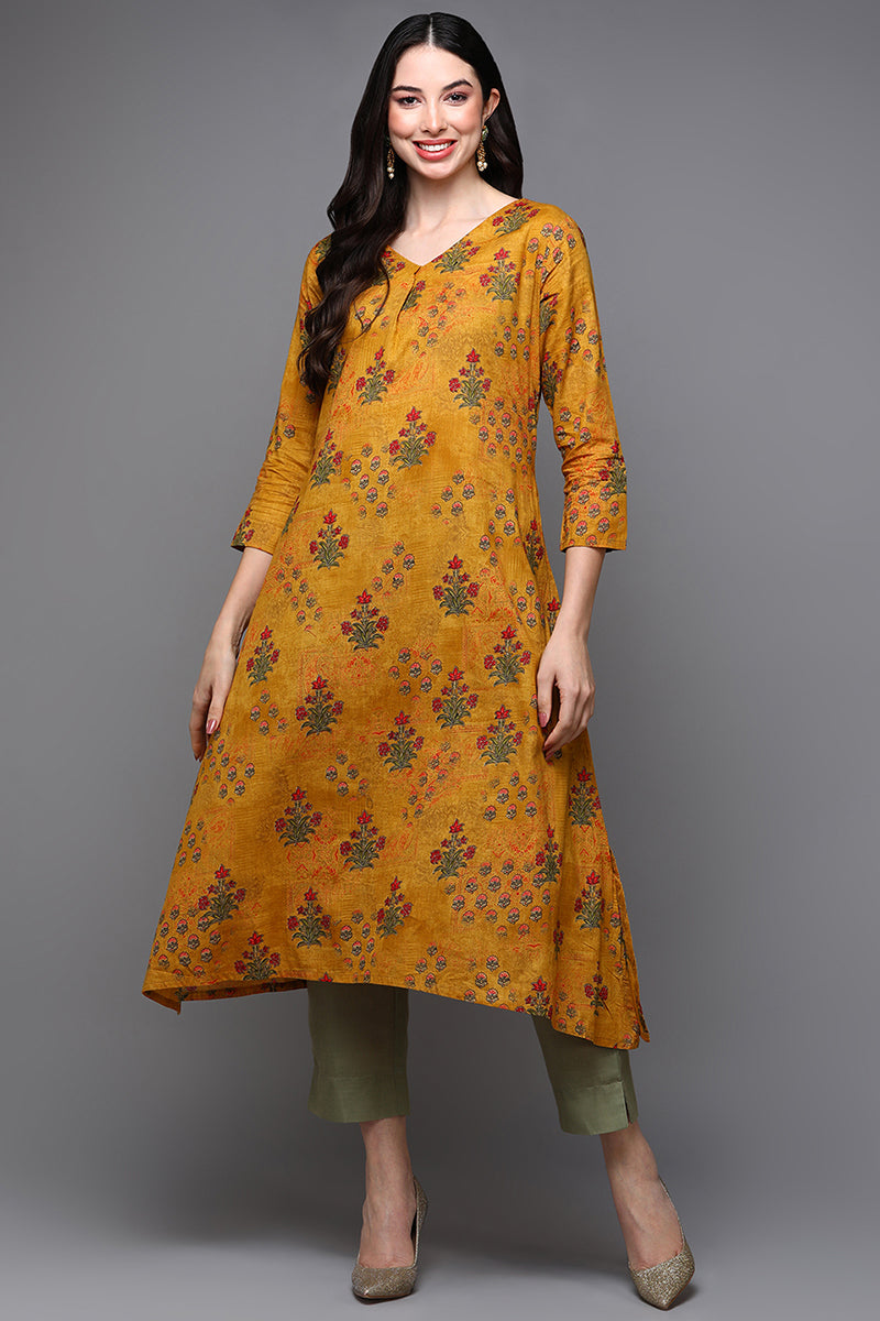 Mustard Cotton Blend Floral Straight Kurta VCK8582