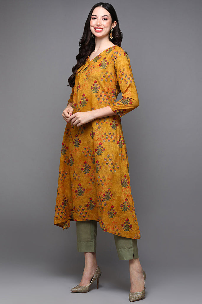 Mustard Cotton Blend Floral Straight Kurta VCK8582