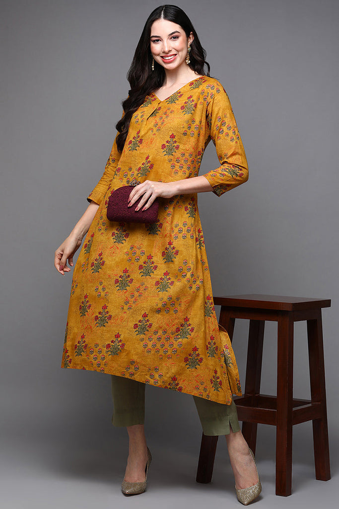 Mustard Cotton Blend Floral Straight Kurta VCK8582