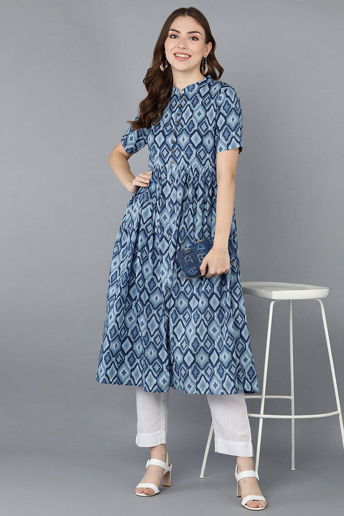  Women Blue Cotton Geometric Printed 