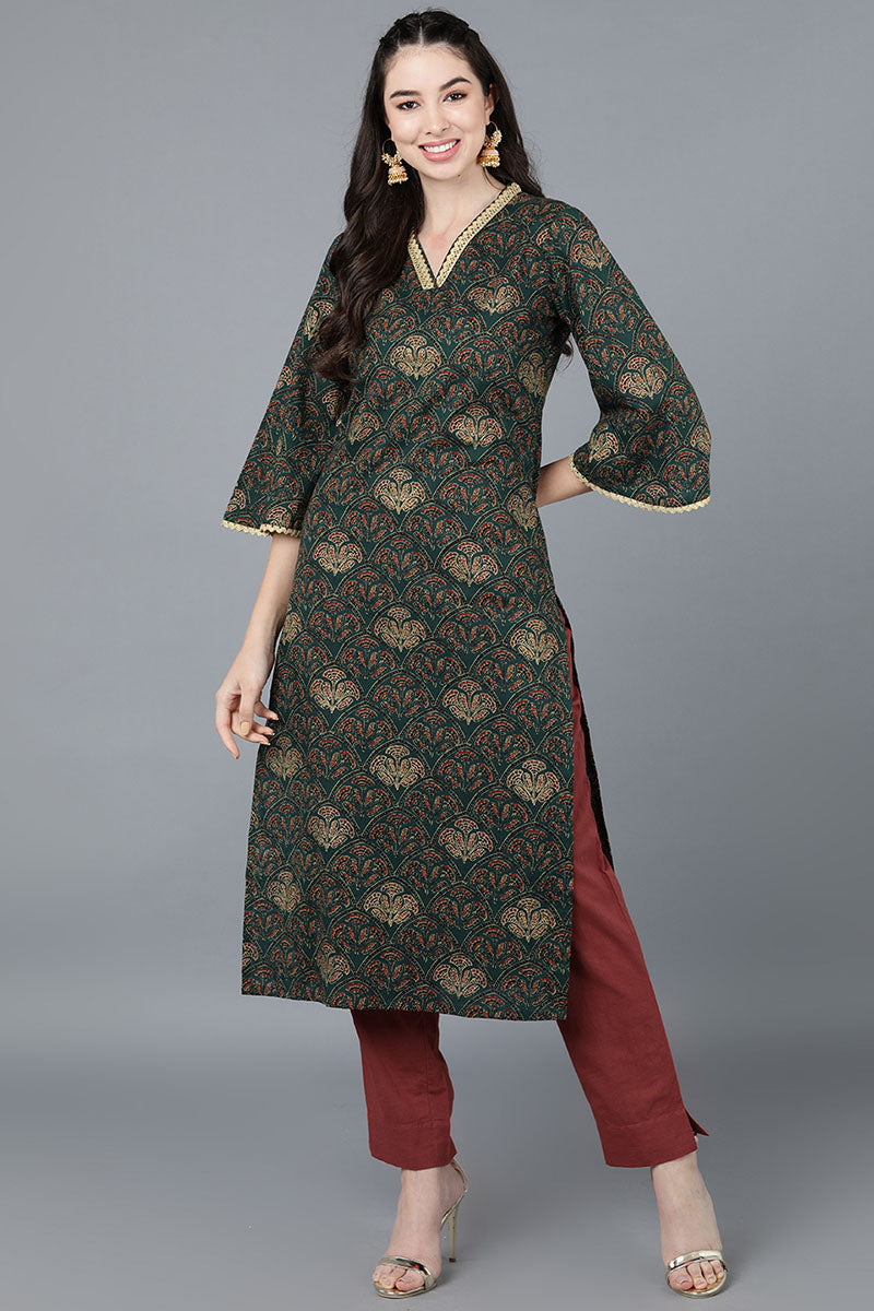  Women Cotton Green Printed Kurtas 