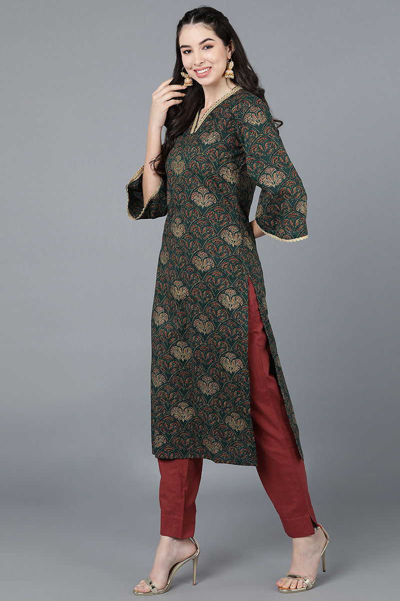  Women Cotton Green Printed Kurtas 