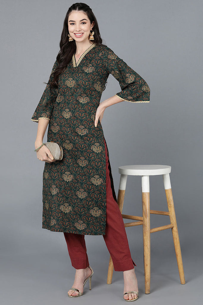  Women Cotton Green Printed Kurtas 