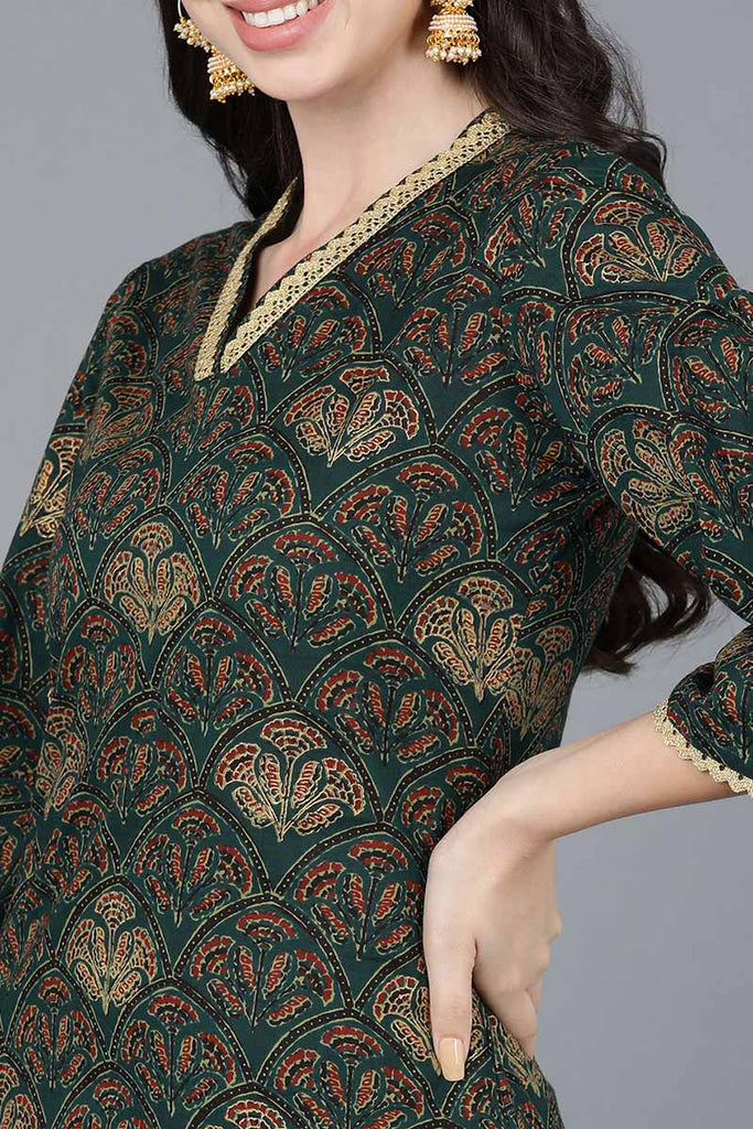  Women Cotton Green Printed Kurtas 