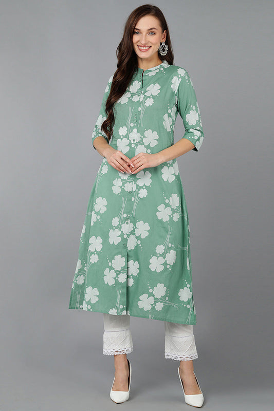 Green Cotton Floral Printed A-Line Kurta