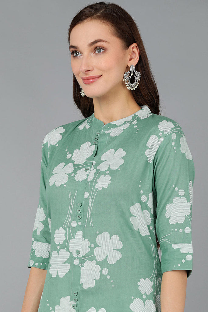 Green Cotton Floral Printed A-Line Kurta