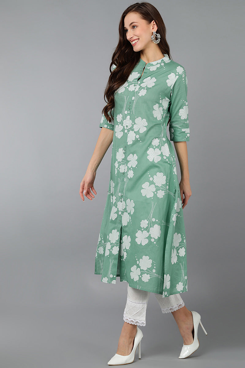 Green Cotton Floral Printed A-Line Kurta