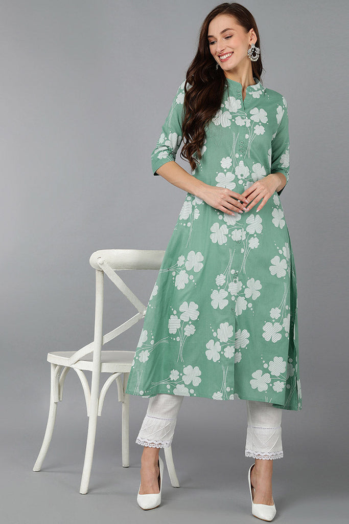 Green Cotton Floral Printed A-Line Kurta