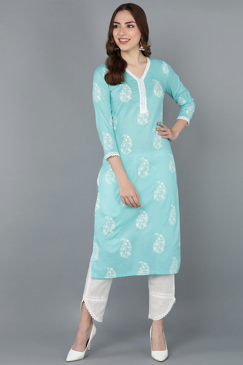  Women Blue Cotton Paisley Printed