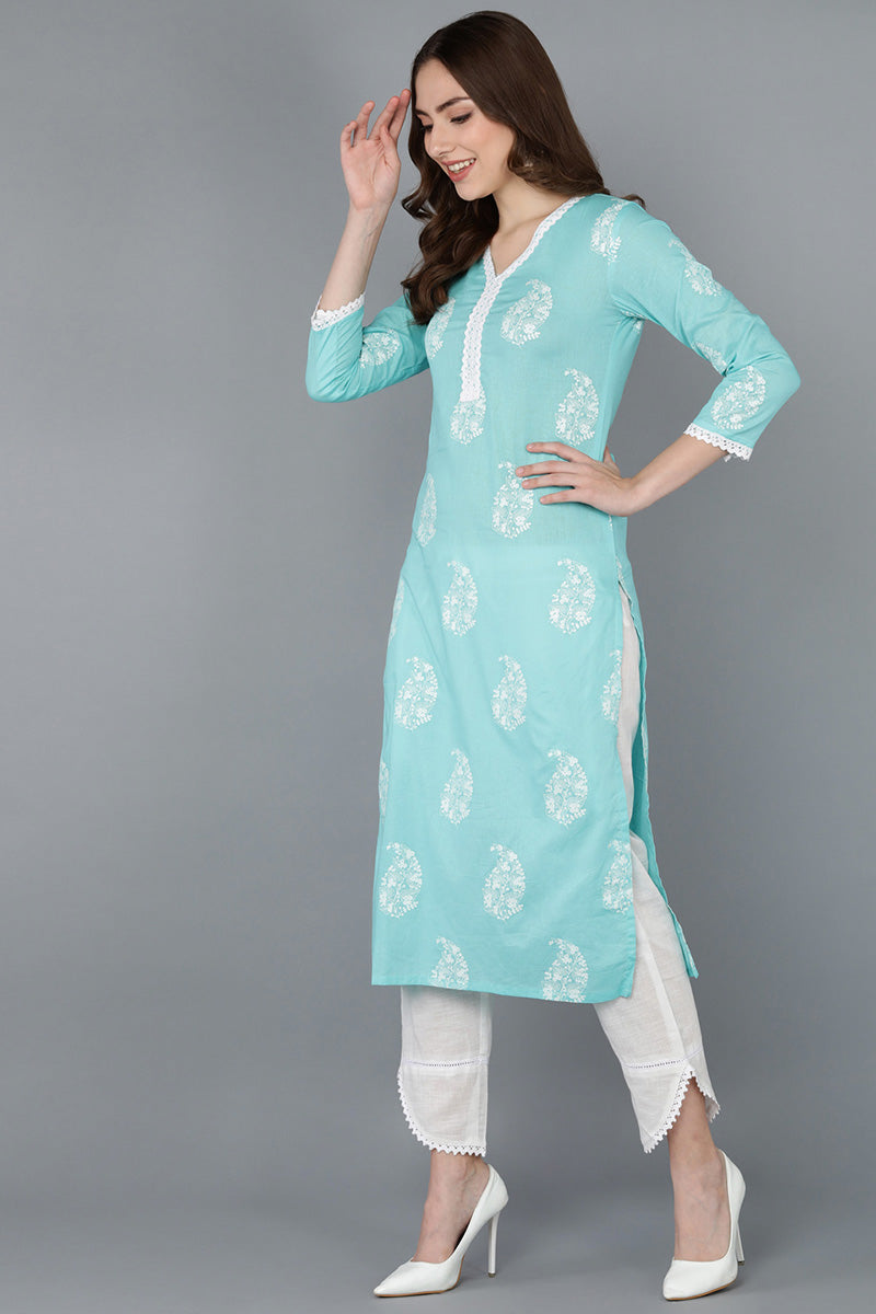  Women Blue Cotton Paisley Printed