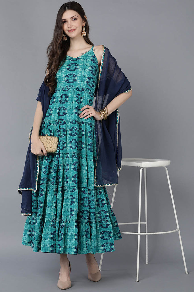  Women Teal Chiffon Geometric Printed Kurtas 