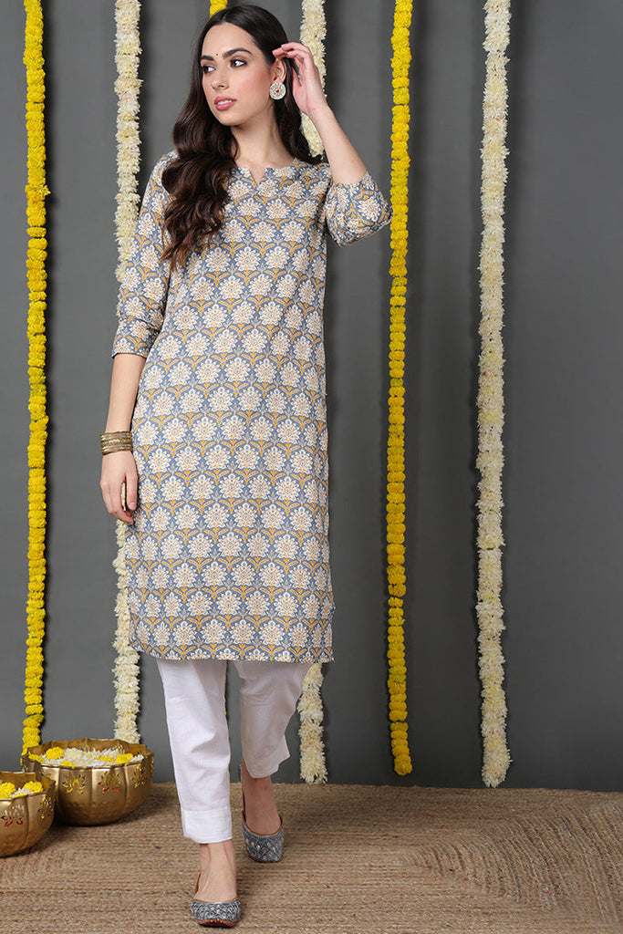 Blue Cotton Ethnic Motifs Printed Straight Kurta VCK8641