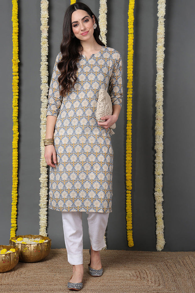 Blue Cotton Ethnic Motifs Printed Straight Kurta VCK8641