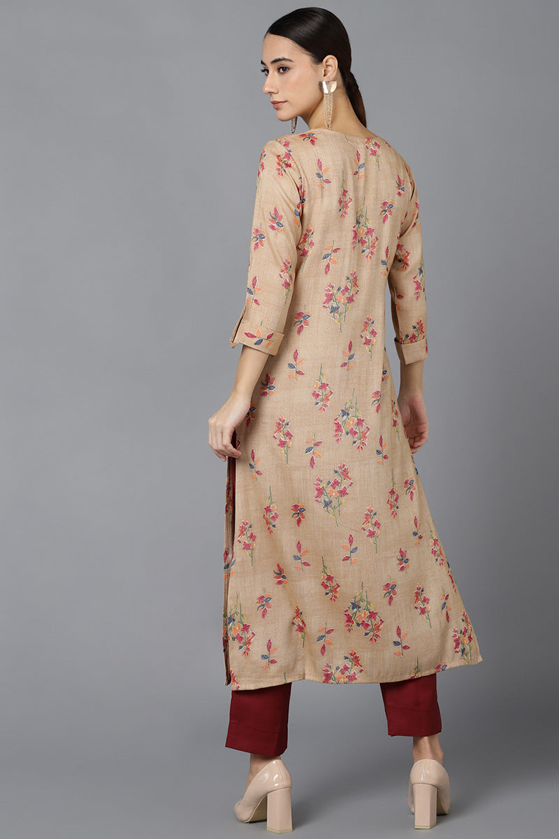   Women Beige Floral Printed Cotton Kurta