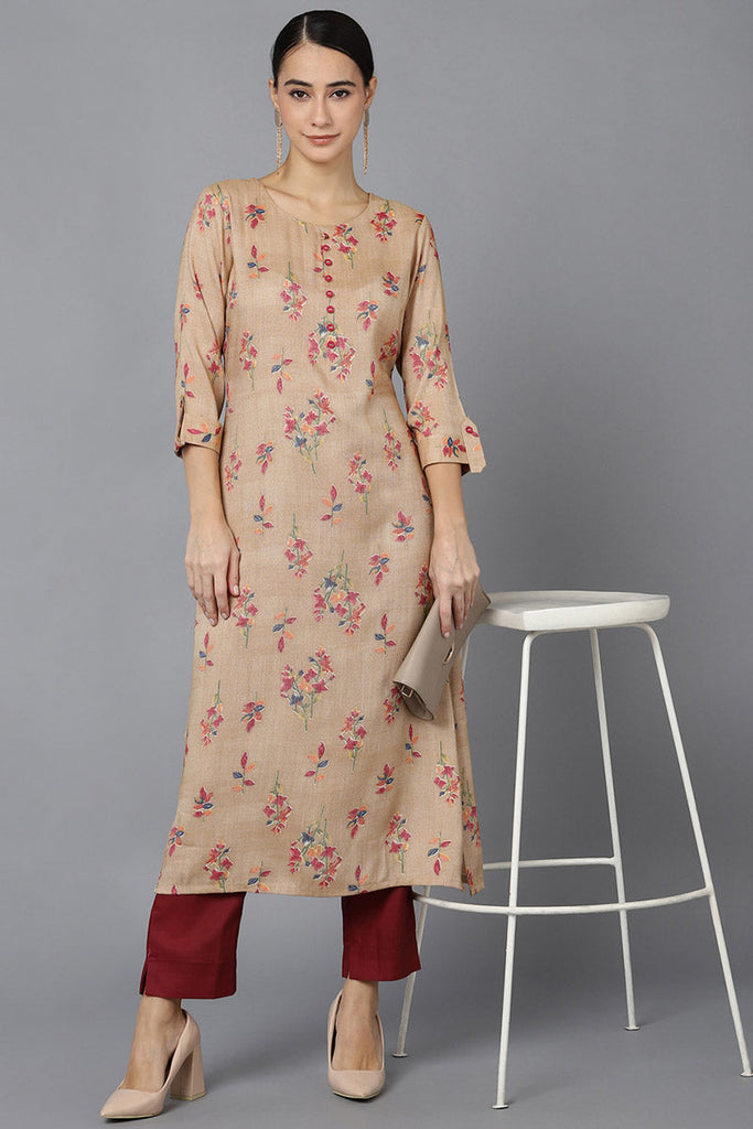   Women Beige Floral Printed Cotton Kurta