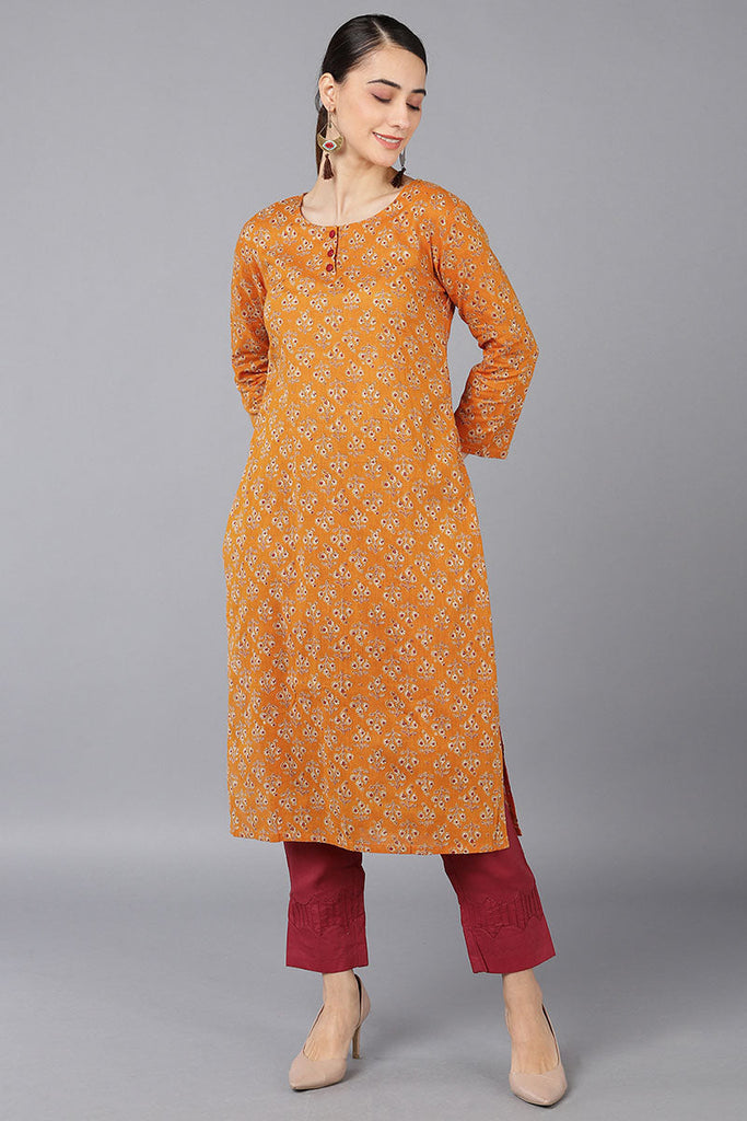  Women Orange Cotton Ethnic Motifs Solid Kurtas