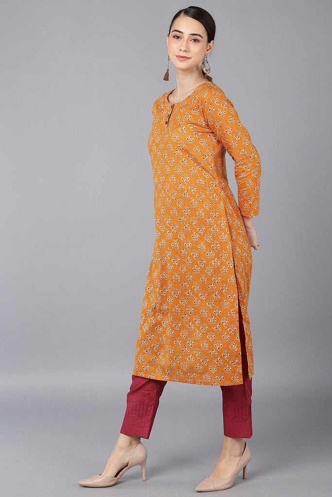  Women Orange Cotton Ethnic Motifs Solid Kurtas