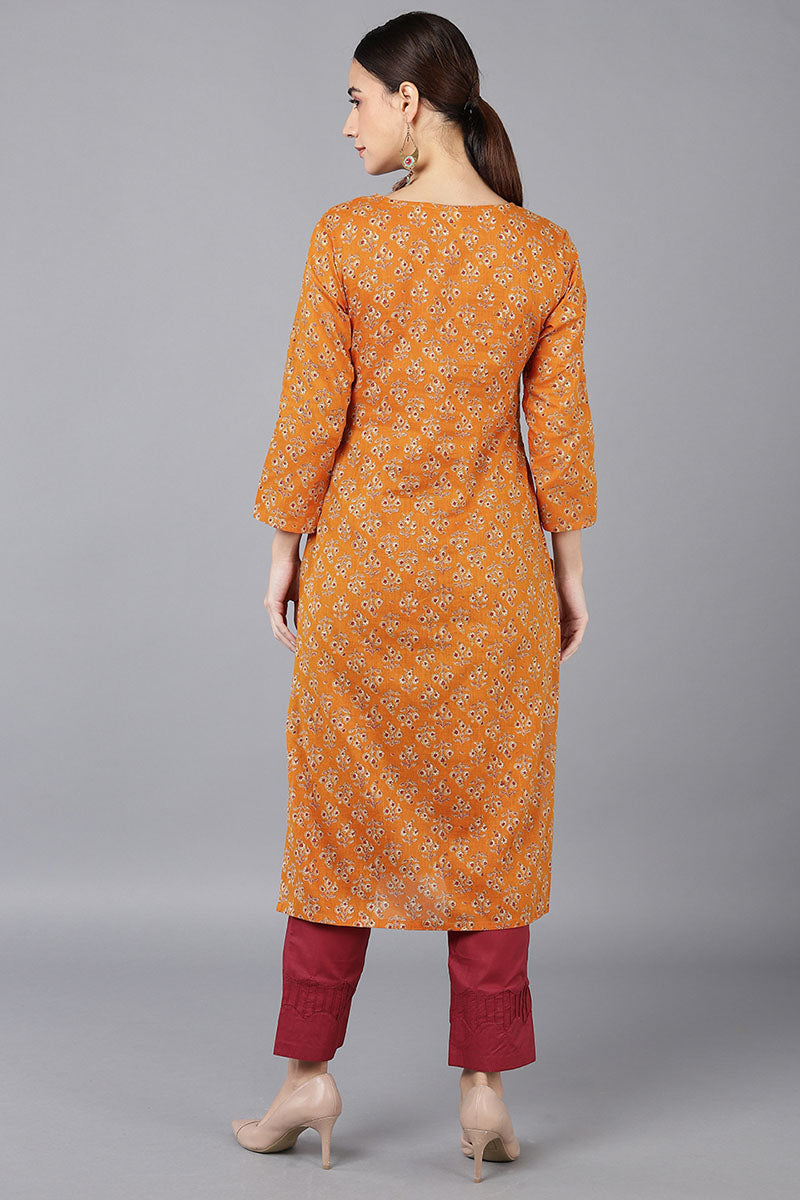  Women Orange Cotton Ethnic Motifs Solid Kurtas