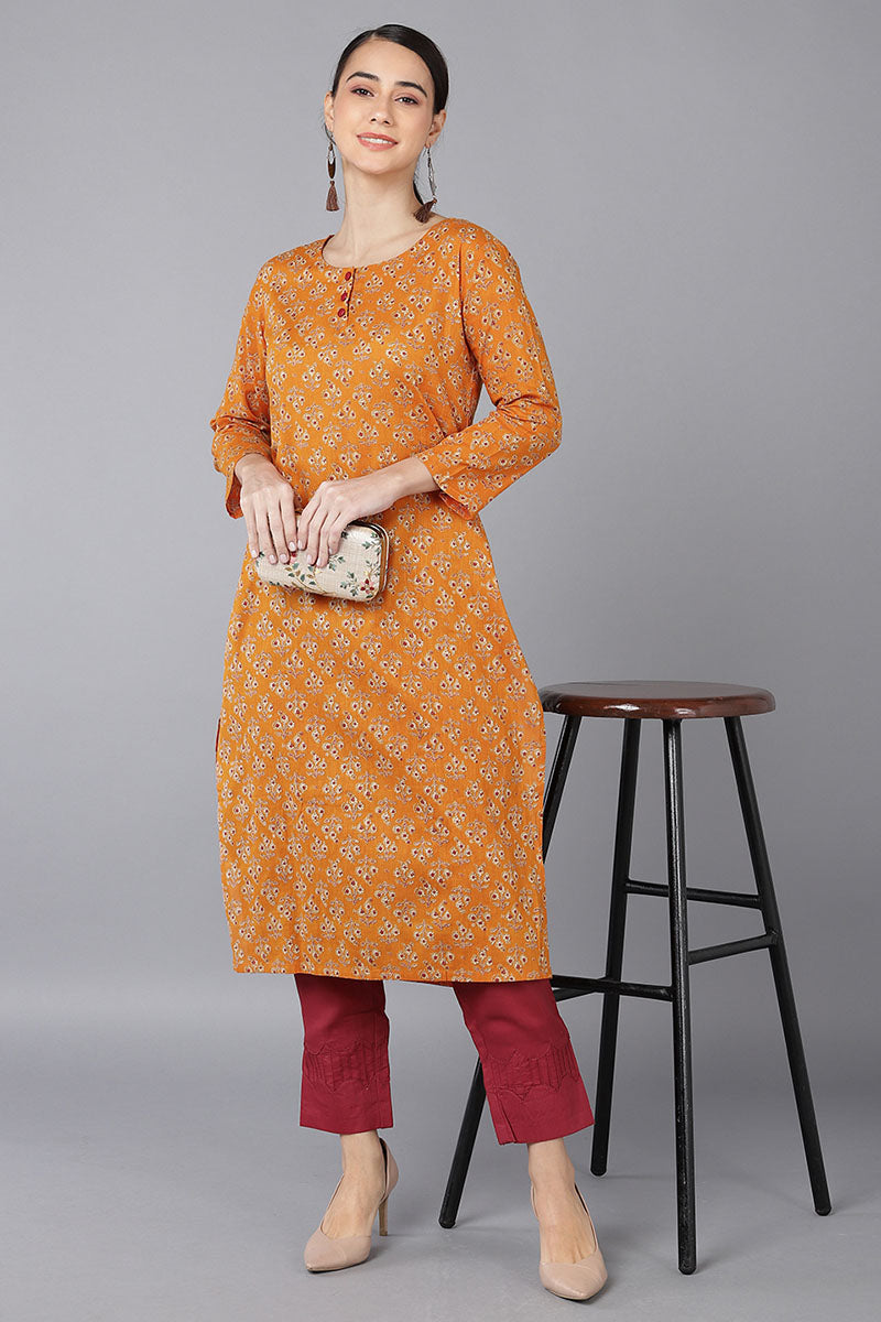  Women Orange Cotton Ethnic Motifs Solid Kurtas