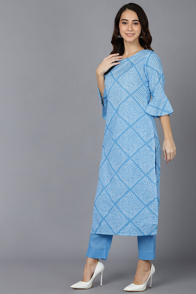  Women Blue Cotton Geometric Printed Kurtas