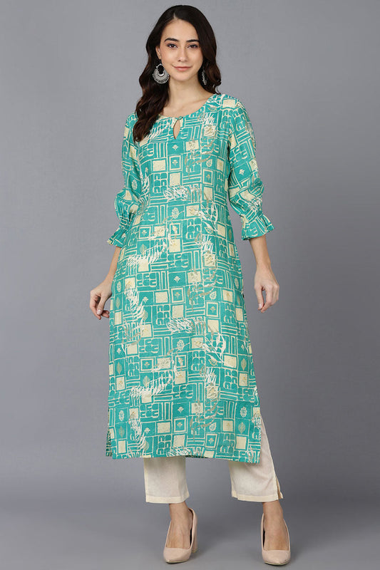  Women Turquoise Blue Silk Geometric Printed Kurtas