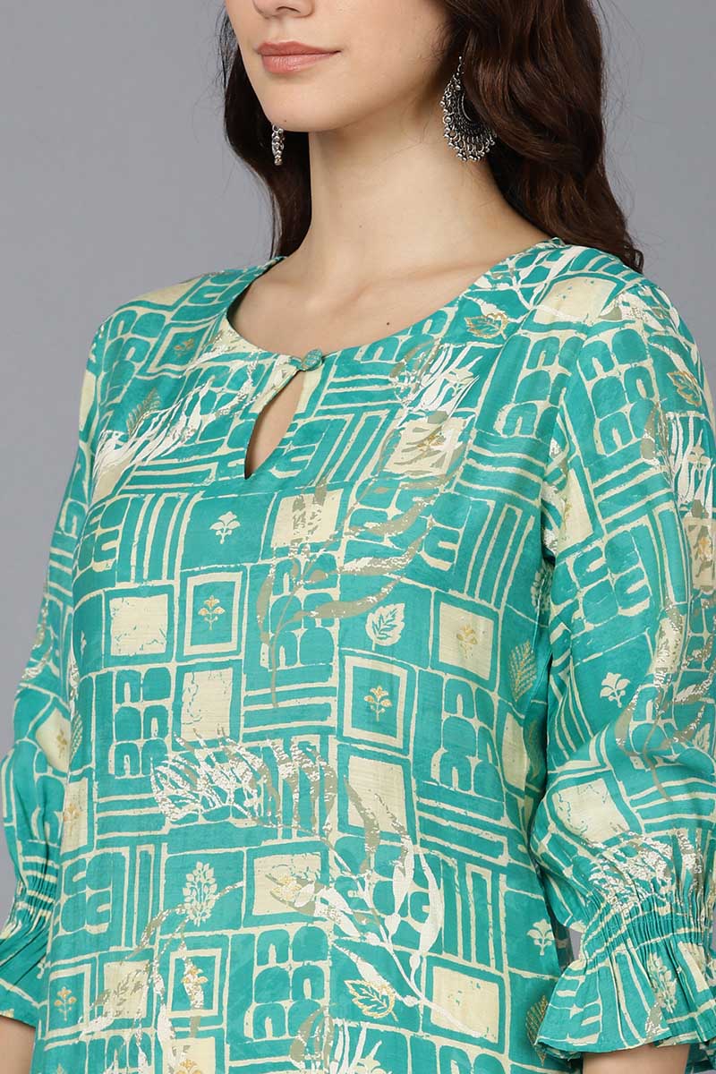  Women Turquoise Blue Silk Geometric Printed Kurtas