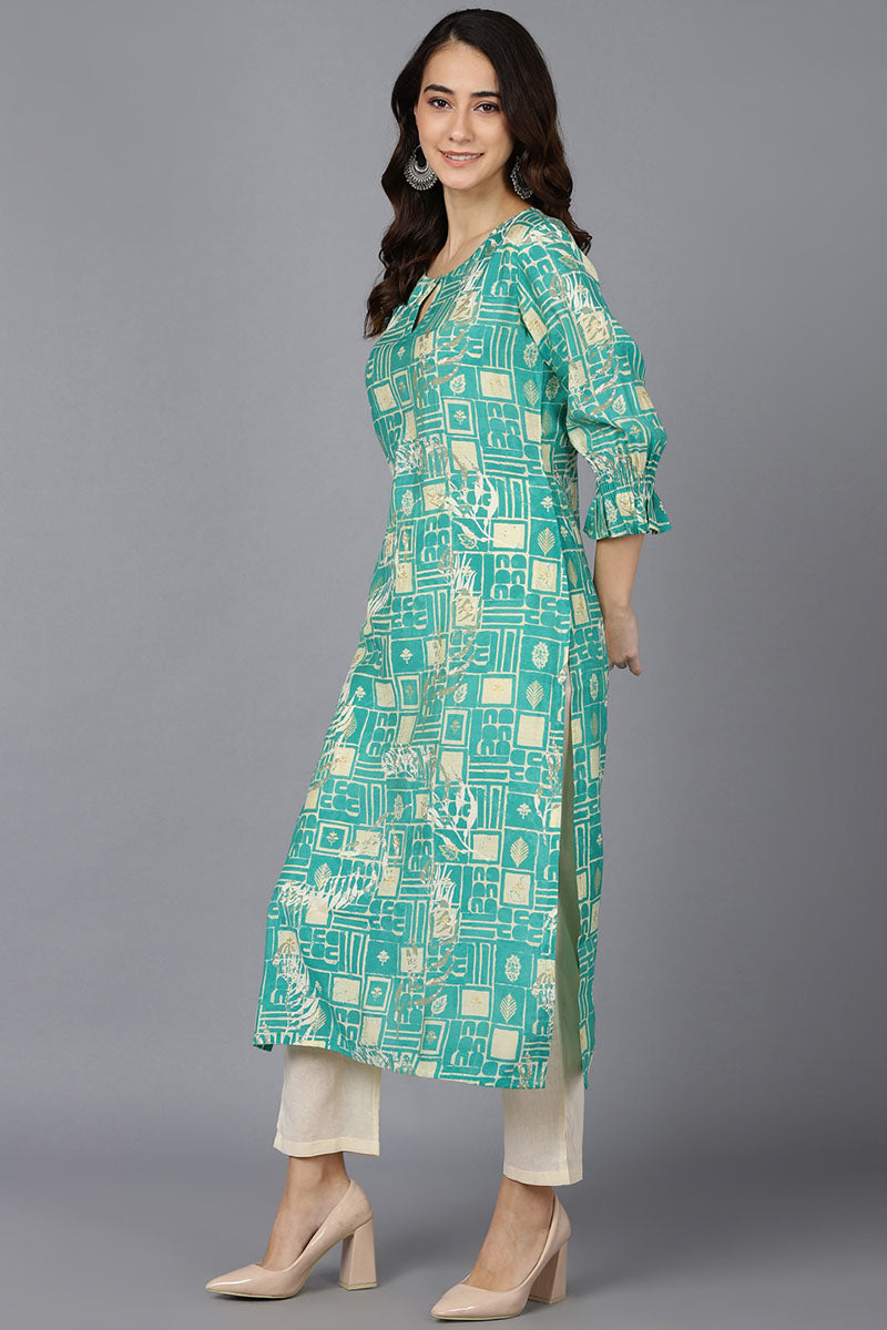  Women Turquoise Blue Silk Geometric Printed Kurtas