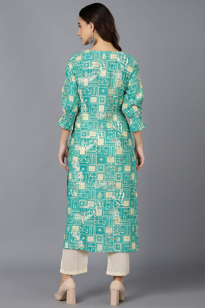  Women Turquoise Blue Silk Geometric Printed Kurtas