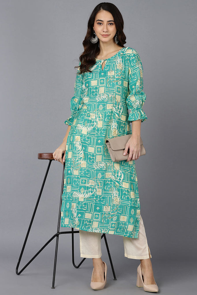  Women Turquoise Blue Silk Geometric Printed Kurtas