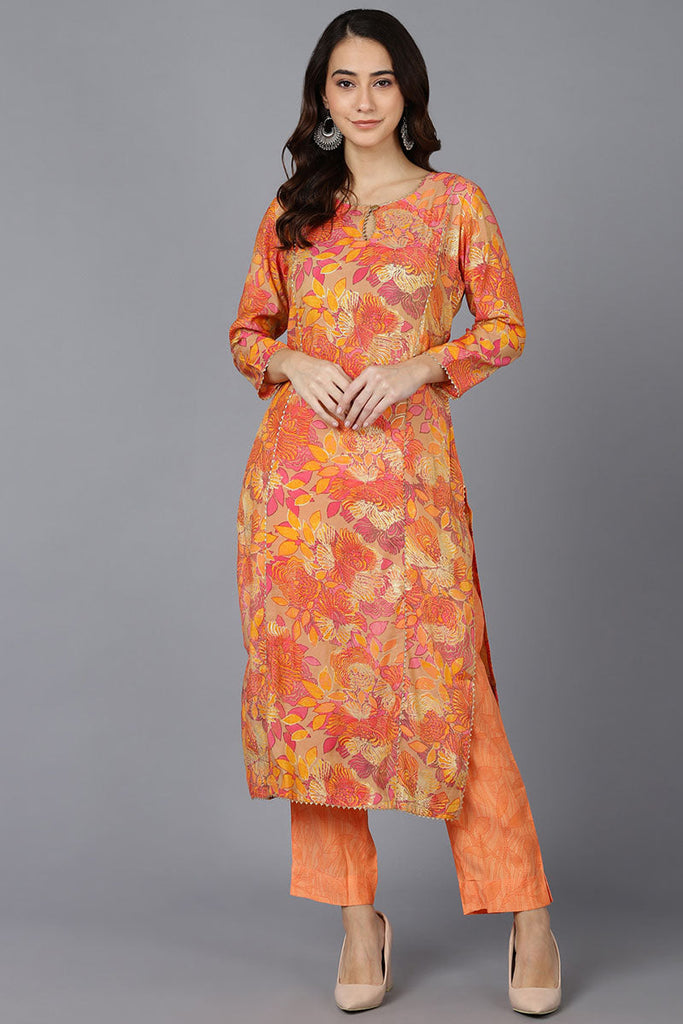  Women Beige Silk Floral Printed Kurtas