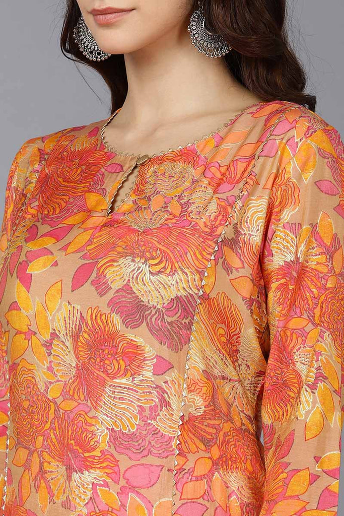  Women Beige Silk Floral Printed Kurtas