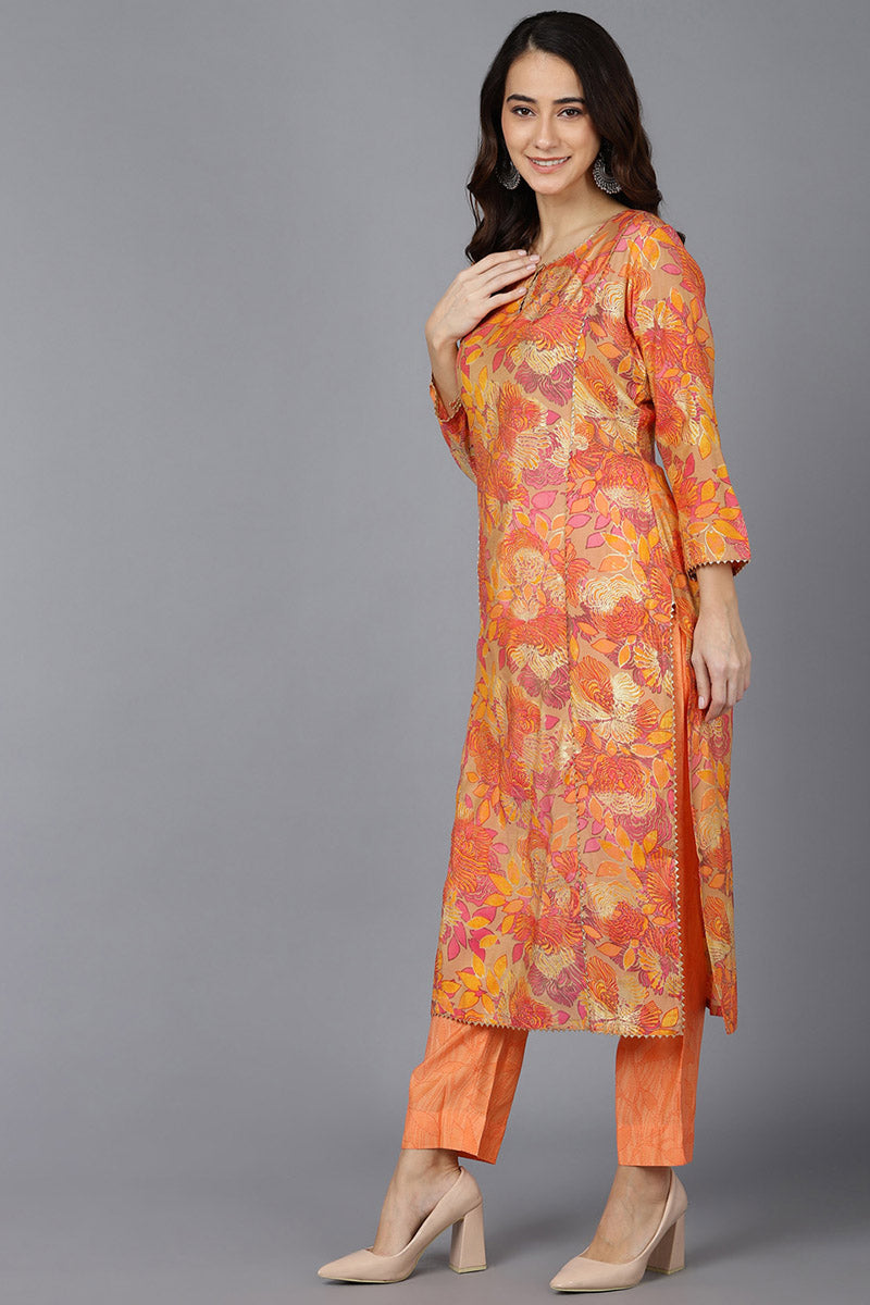  Women Beige Silk Floral Printed Kurtas