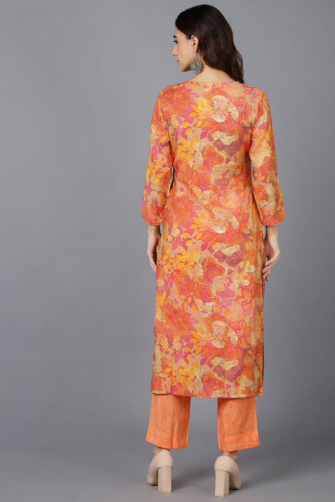  Women Beige Silk Floral Printed Kurtas