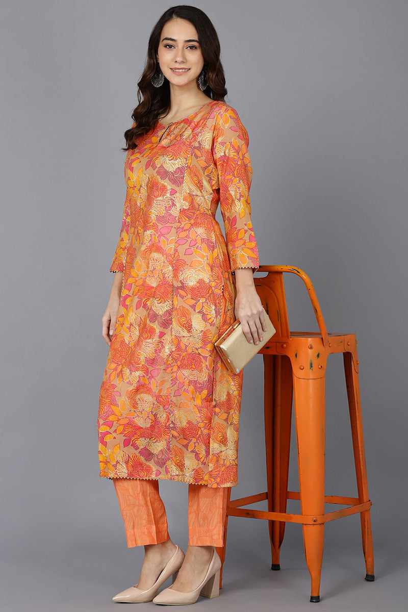  Women Beige Silk Floral Printed Kurtas