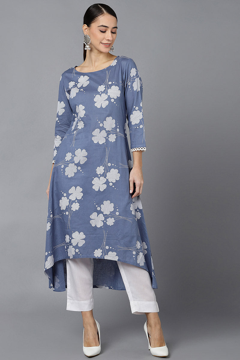  Women Blue Cotton Floral Printed Kurtas