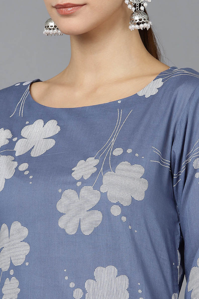  Women Blue Cotton Floral Printed Kurtas